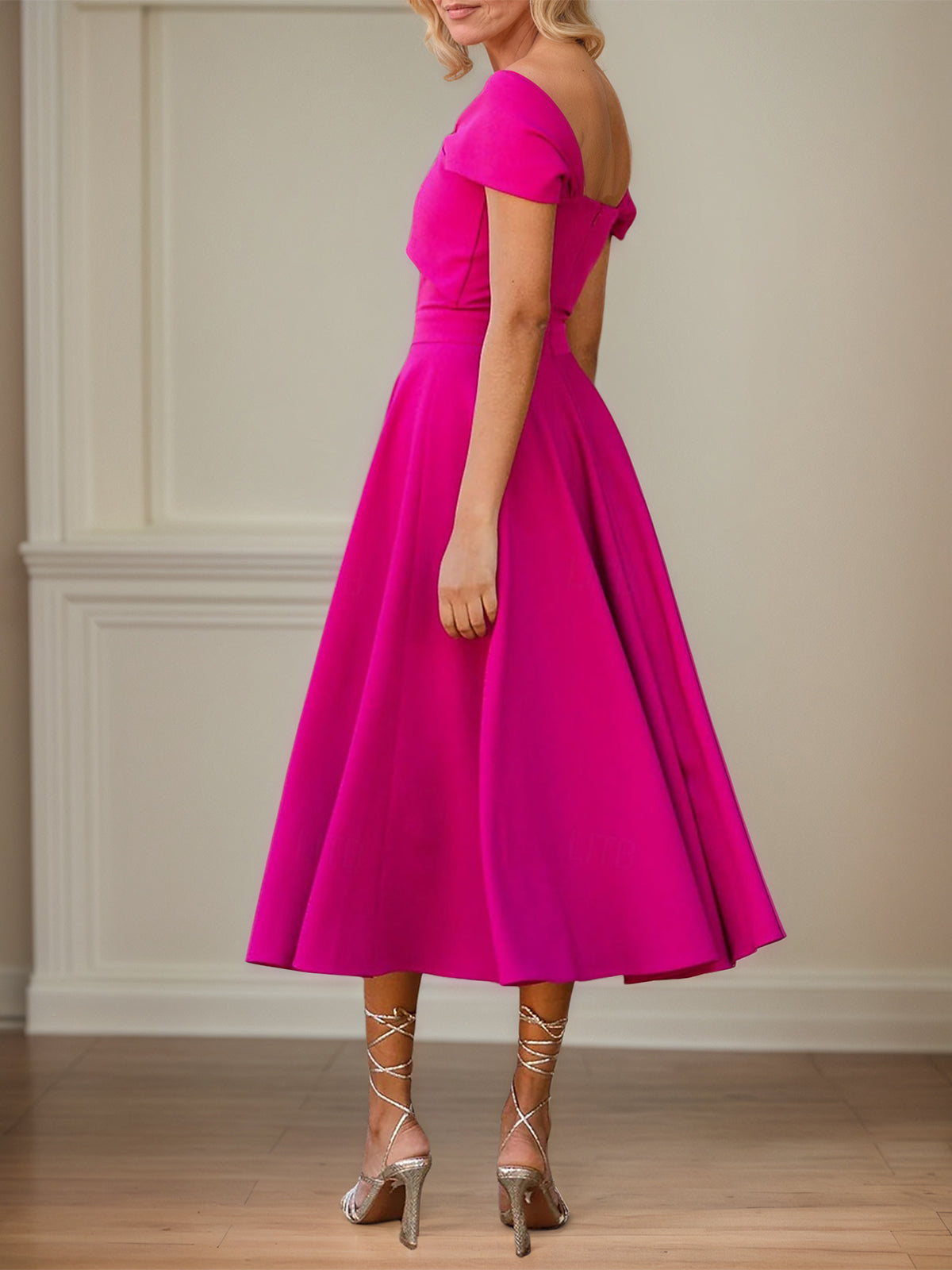 Fuchsia Stretch Crepe A Line Off The Shoulder Short Sleeves Tea Length Mother of the Bride Dresses