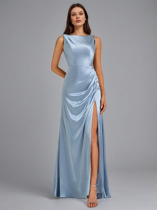 Dusty Blue Sheath/Column Scoop Neck Floor-Length Satin Bridesmaid Dress