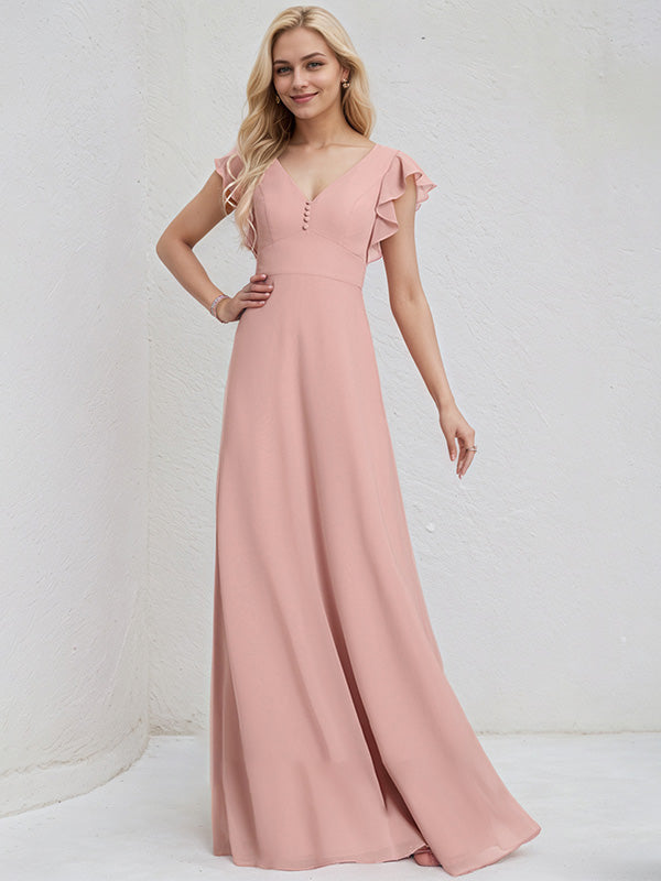 Dusty Rose Chiffon A Line V Neck Floor Length Bridesmaid Dress With Ruffles