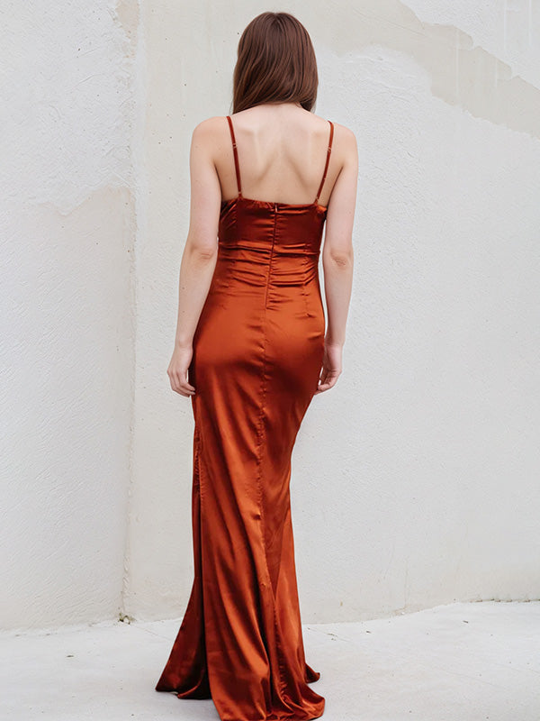 Rust Sheath/Column Satin Spaghetti Straps Sleeveless Floor Length Dress