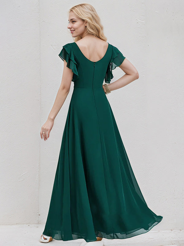Peacock Chiffon A Line Scoop Short Sleeves Floor Length Bridesmaid Dress With Cascading Ruffles