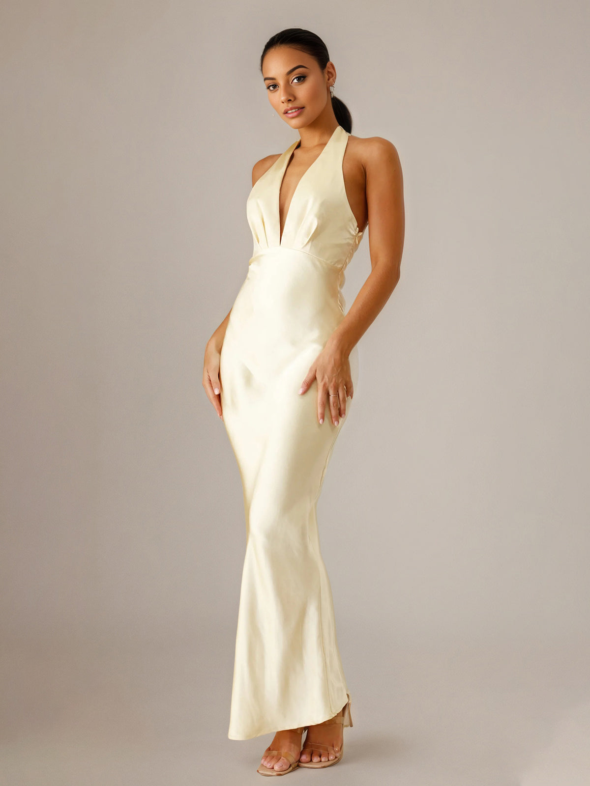 Yellow Satin Sheath/Column V Neck Sleeveless Floor Length Bridesmaid Dresses