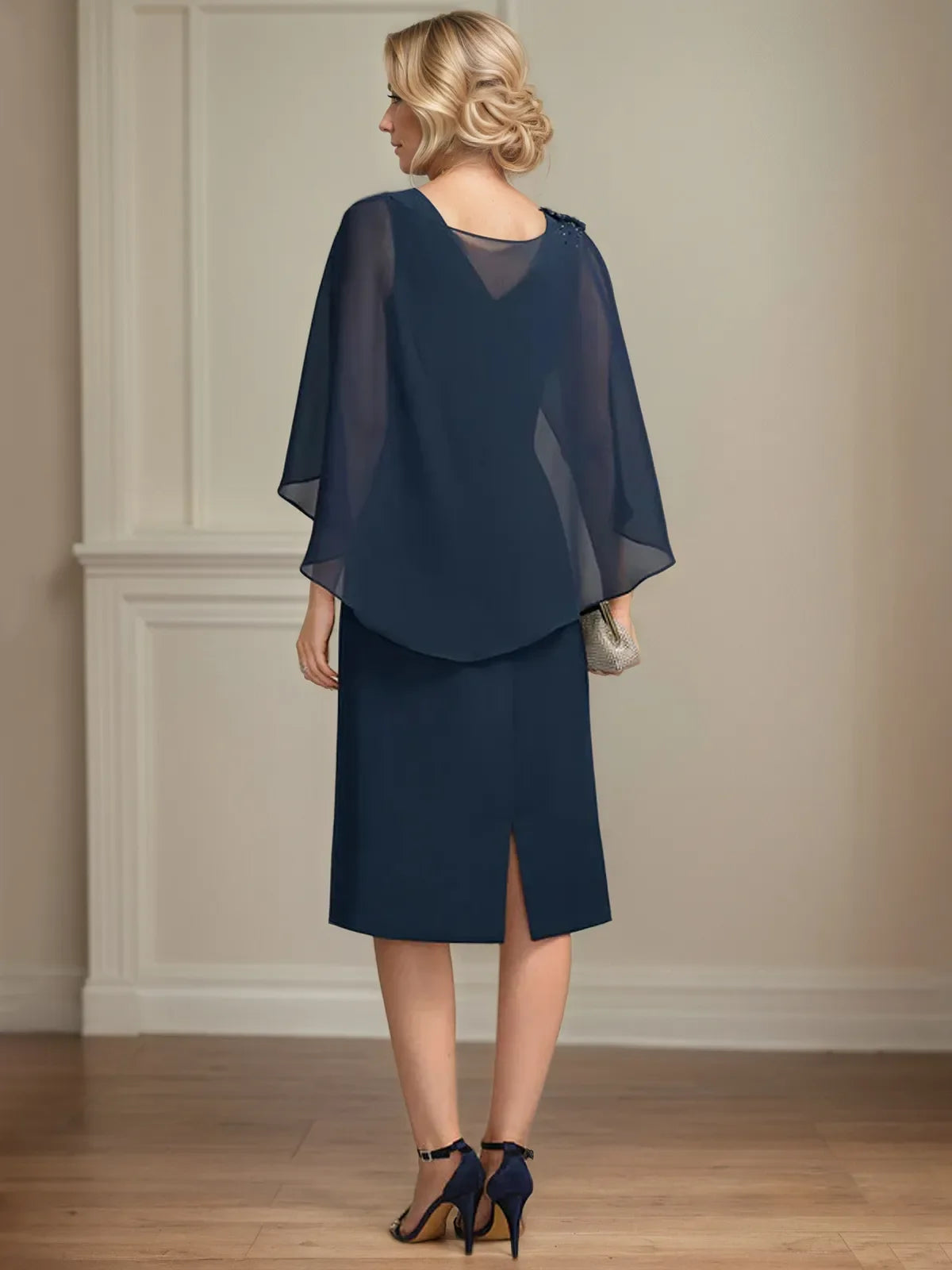 Sheath/Column Scoop Knee-Length Chiffon Mother of the Bride Dress With Cascading Ruffles Beading