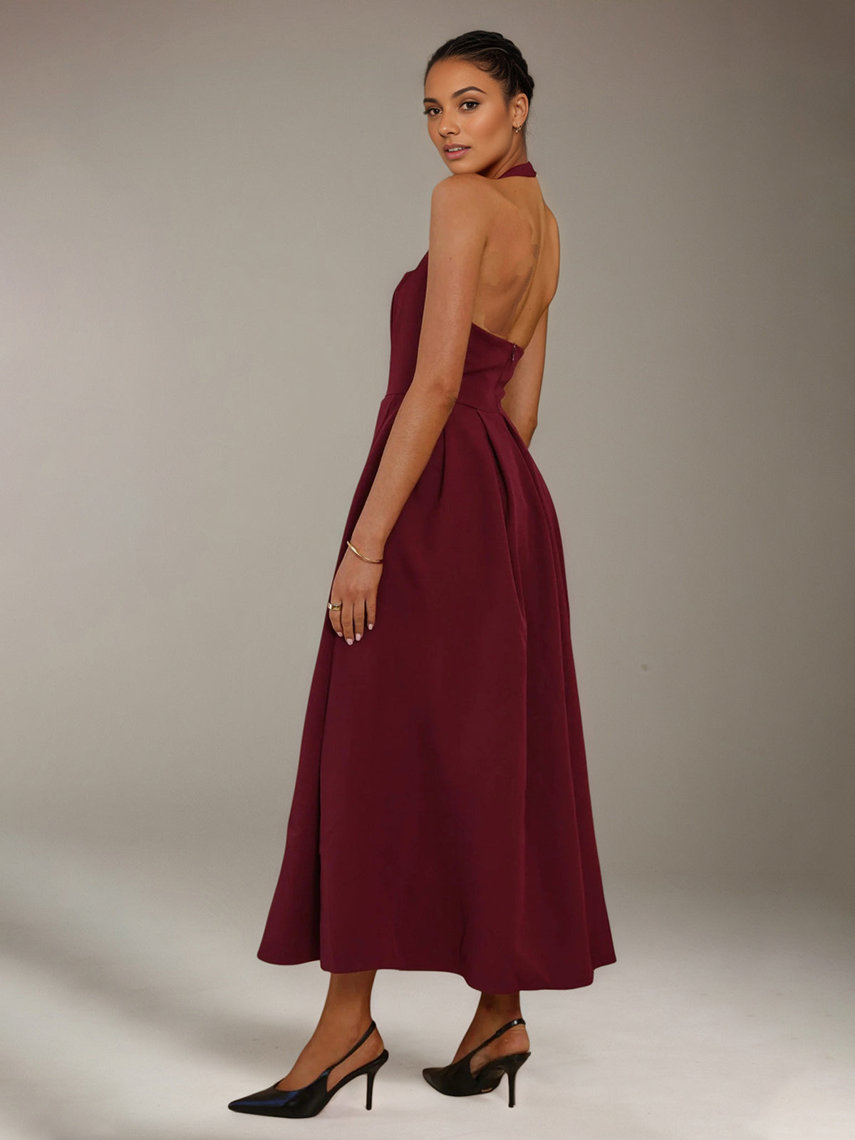 Wine Stretch Crepe A Line Halter Neck Sleeveless Ankle Length Bridesmaid Dresses