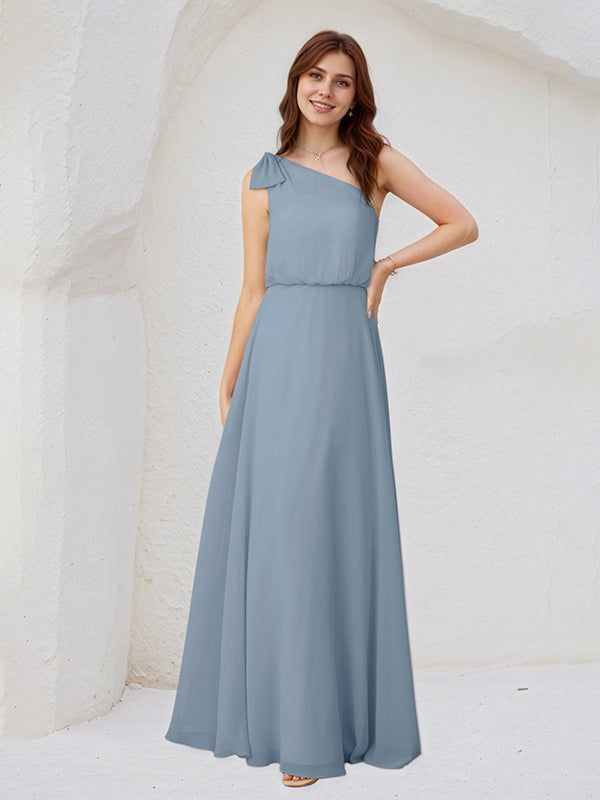 Dusty Blue Chiffon A Line One Shoulder Sleeveless Floor Length Bridesmaid Dresses