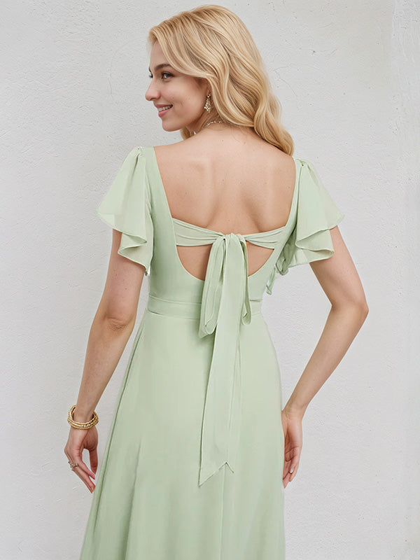 Celadon Chiffon A Line V Neck Short Sleeves Floor Length Bridesmaid Dress With Ruffle
