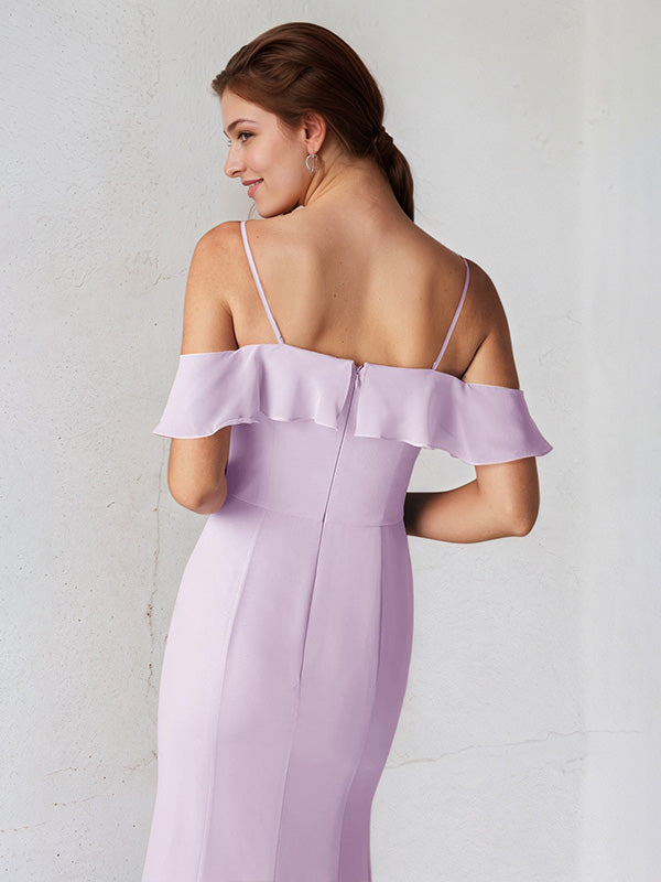 Lilac Chiffon Sheath/Column Spaghetti Straps Sleeveless Floor Length Bridesmaid Dress With Ruffle