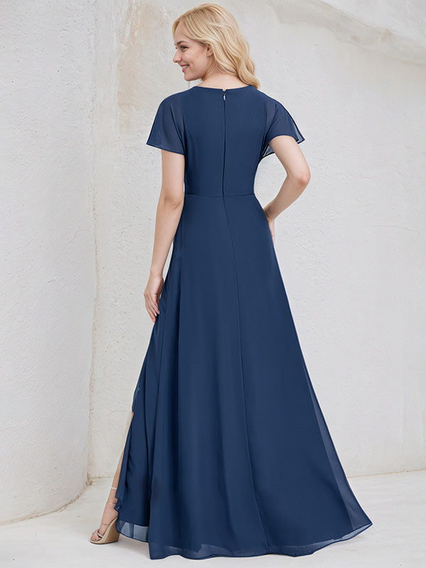 Navy Blue Chiffon A Line V Neck Asymmetrical Bridesmaid Dress With Ruffle