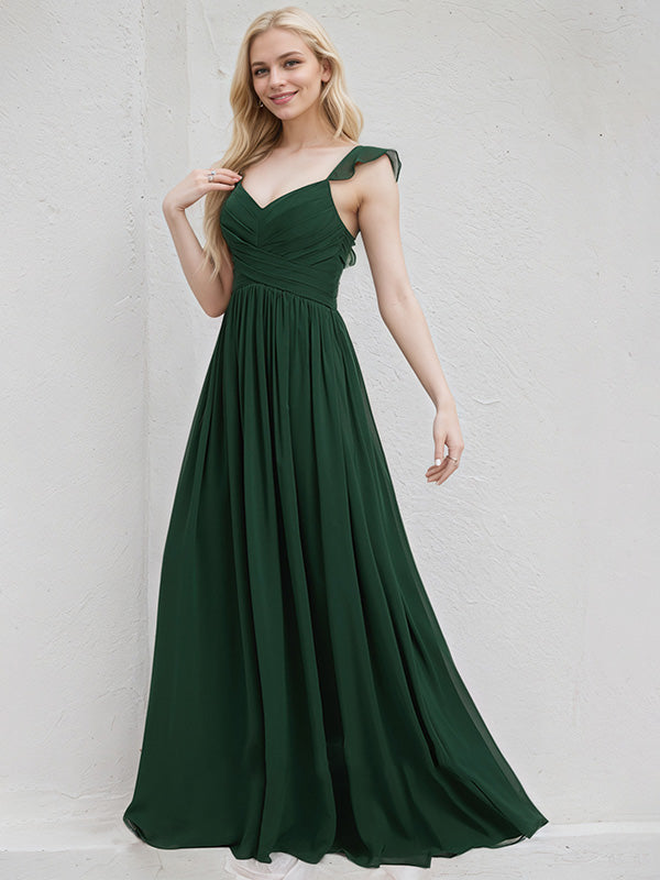 Green Chiffon A Line V Neck Floor Length Bridesmaid Dress With Ruffle