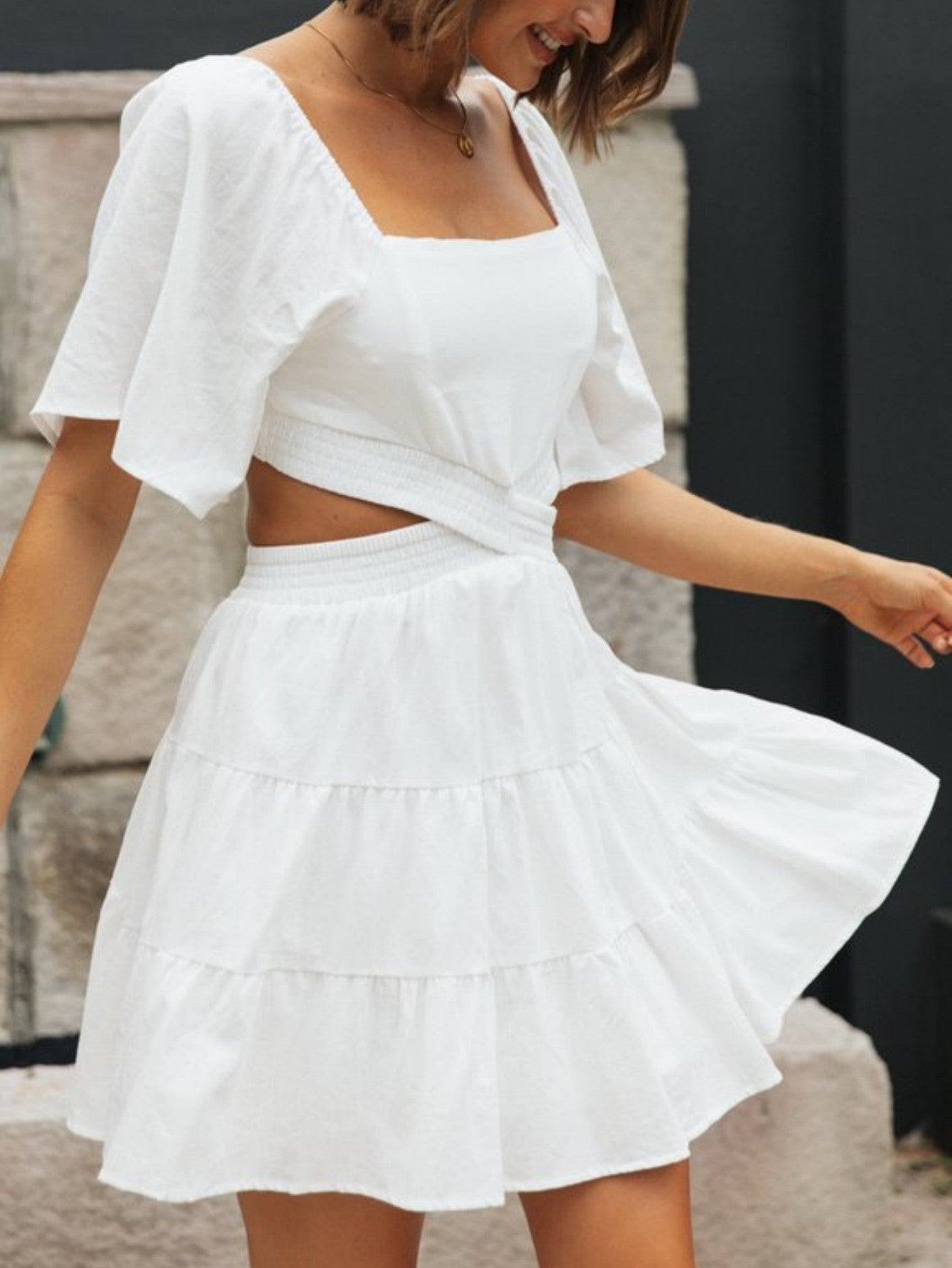 Sweet White Square Neck Cutout A Line Short Graduation Dress - Fashionpara