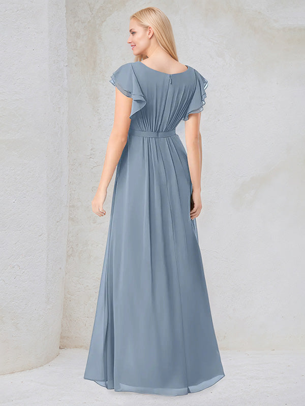Dusty Blue A-Line Round Neck Floor-Length Chiffon Bridesmaid Dress With Ruffles - View 2 | FashionDia