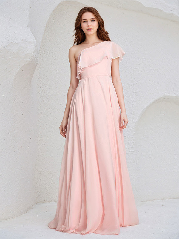 Pink Chiffon A-Line One Shoulder Floor-Length Sleeveless Bridesmaid Dress With Ruffles
