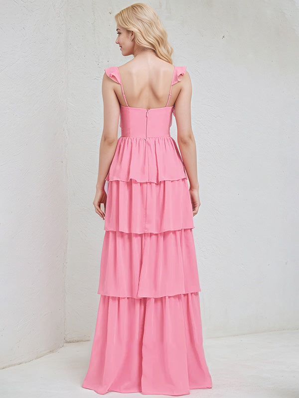 Pink Chiffon A-Line V-Neck Sleeveless Ruched Floor-Length Bridesmaid Dress - View 2 | FashionDia