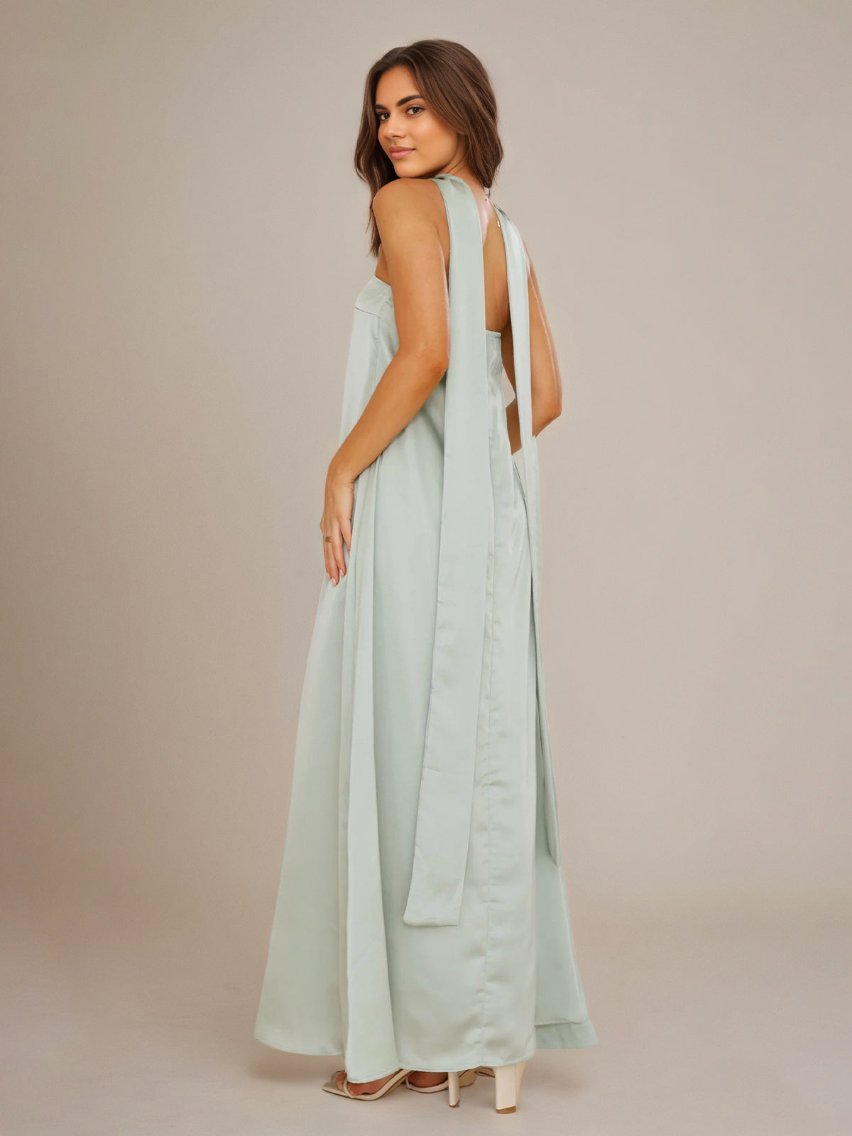 Sage Satin A Line Halter Neck Sleeveless Floor Length Bridesmaid Dresses