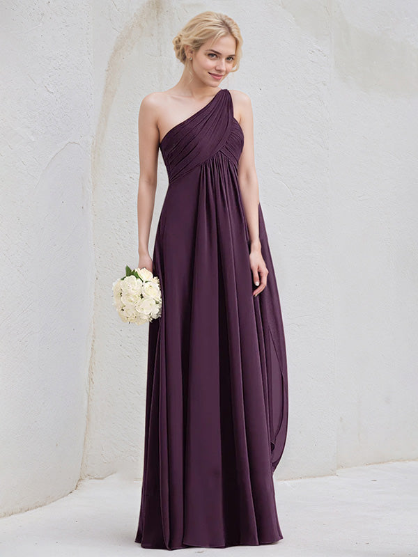Grape A-Line One Shoulder Floor-Length Chiffon Bridesmaid Dress With Ruffle