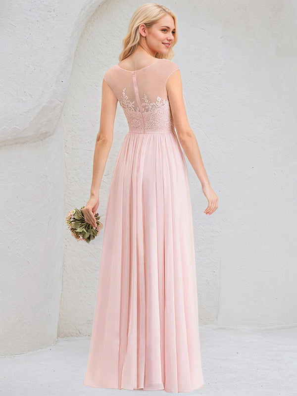 Blushing Pink A-Line Scoop Floor-Length Lace Chiffon Bridesmaid Dress