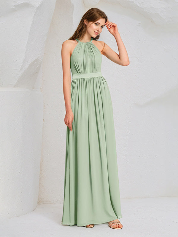 Sage Chiffon A Line Halter Neck Sleeveless Floor Length Bridesmaid Dress