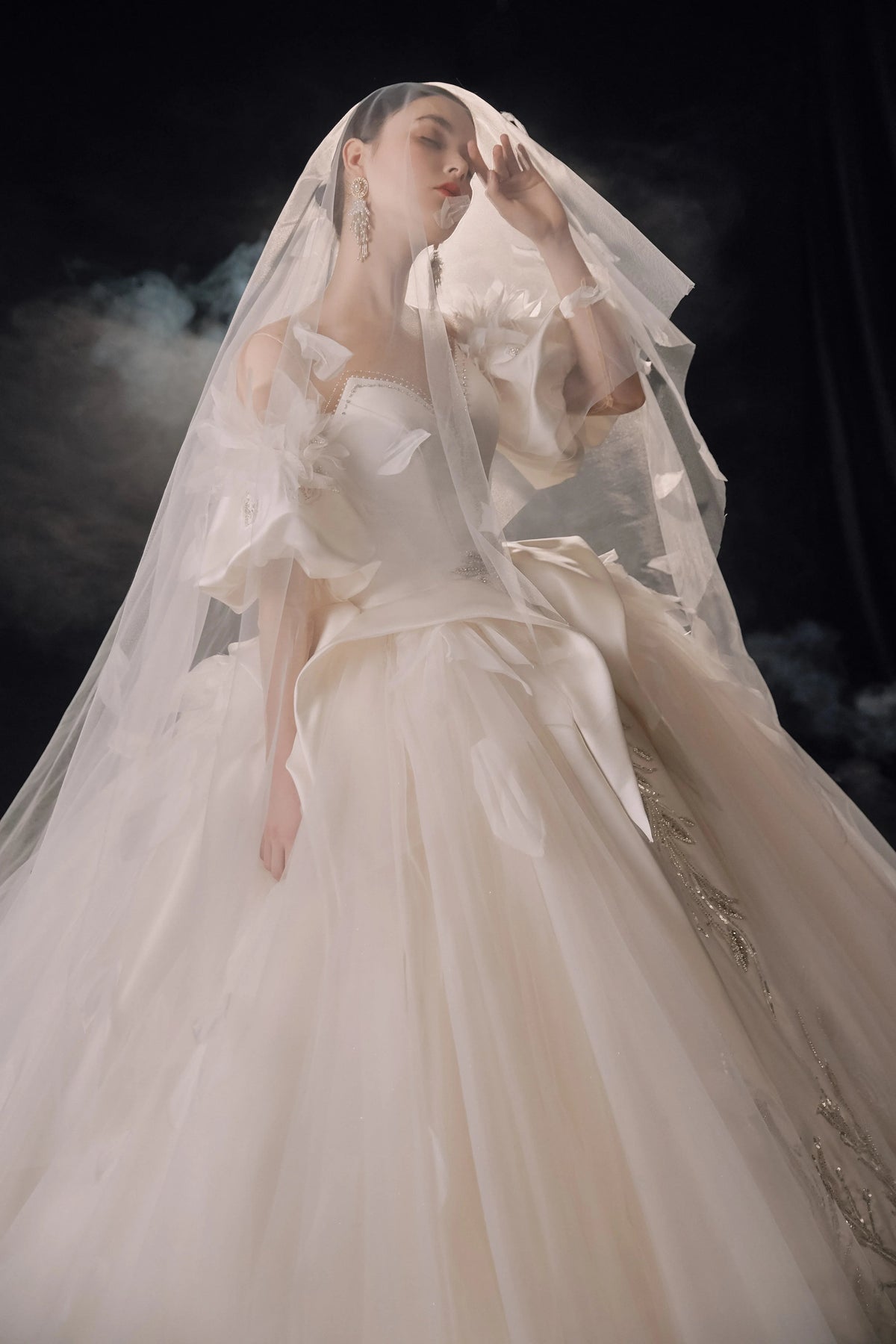 Lavish Sweetheart Ball Gown Satin Puff Sleeve Feather Trim Beaded Wedding Dress with Flowing Train E-302 by ZAPDRESS