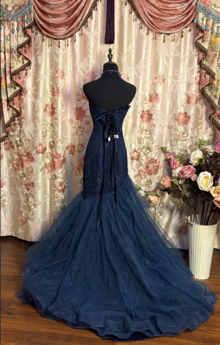Sweetheart Navy Blue Mermaid Long Prom Dress Vintage Evening Gowns
