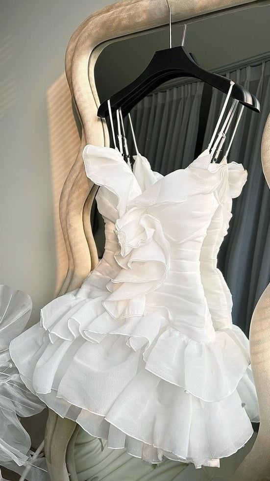 Spaghetti Straps V-neck Homecoming Dresses Ruffle Chiffon Mini Prom Dress J8322