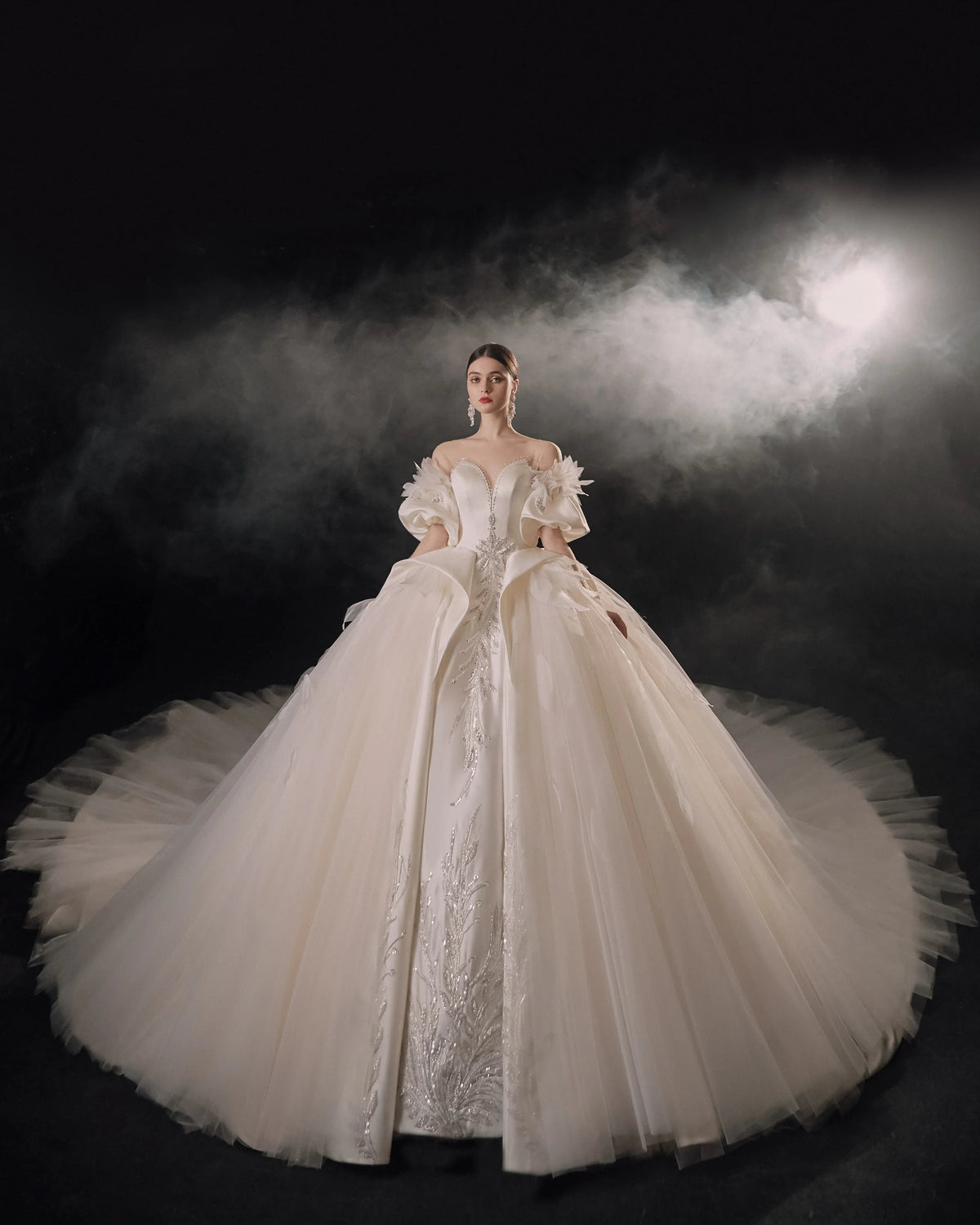 Lavish Sweetheart Ball Gown Satin Puff Sleeve Feather Trim Beaded Wedding Dress with Flowing Train E-302 (ZD16889)