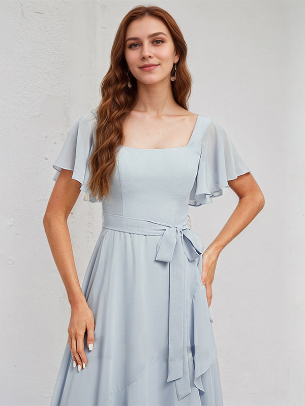Ice Blue Chiffon A Line Square Neck Short Sleeves Asymmetrical Bridesmaid Dress