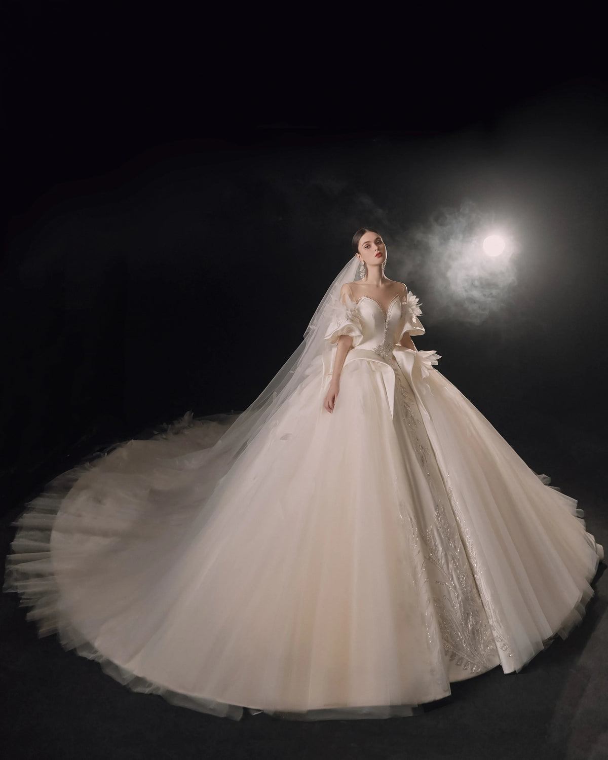 Lavish Sweetheart Ball Gown Satin Puff Sleeve Feather Trim Beaded Wedding Dress with Flowing Train E-302 (ZD16889)