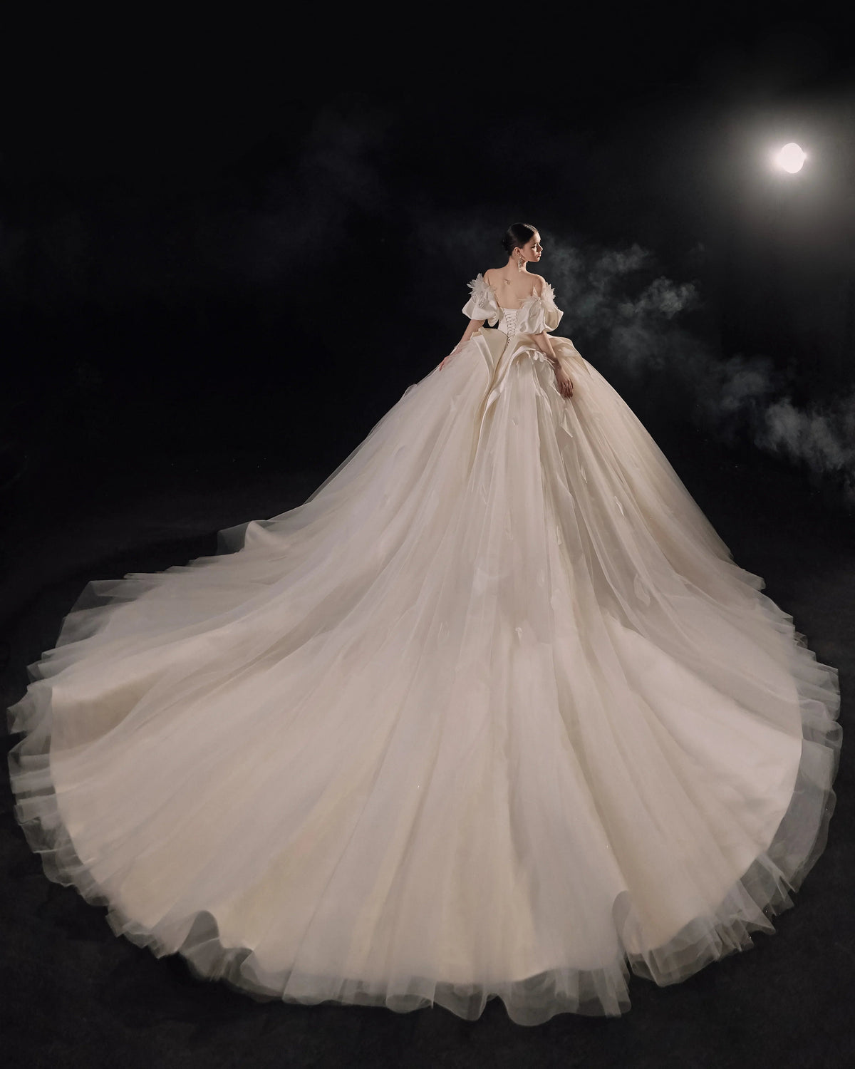 Lavish Sweetheart Ball Gown Satin Puff Sleeve Feather Trim Beaded Wedding Dress with Flowing Train E-302 (ZD16889) - View 10 | VelvetHem