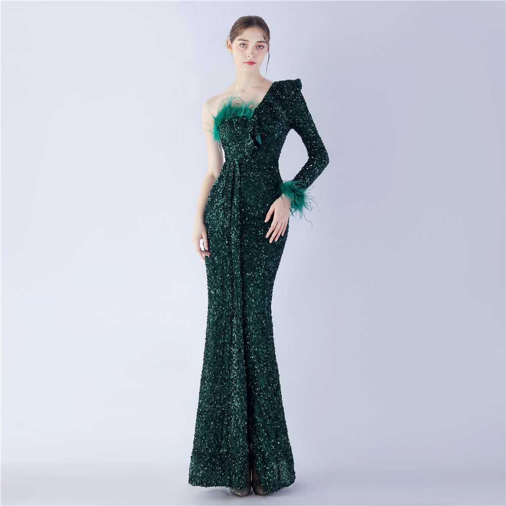 Craft Ostrich Feather Ruffled Side Slit High End Sequined Evening Dress - View 8 | VelvetHem