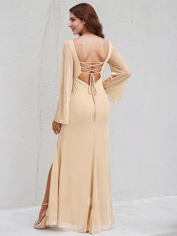 A Line Square Floor Length Chiffon Bridesmaid Dress