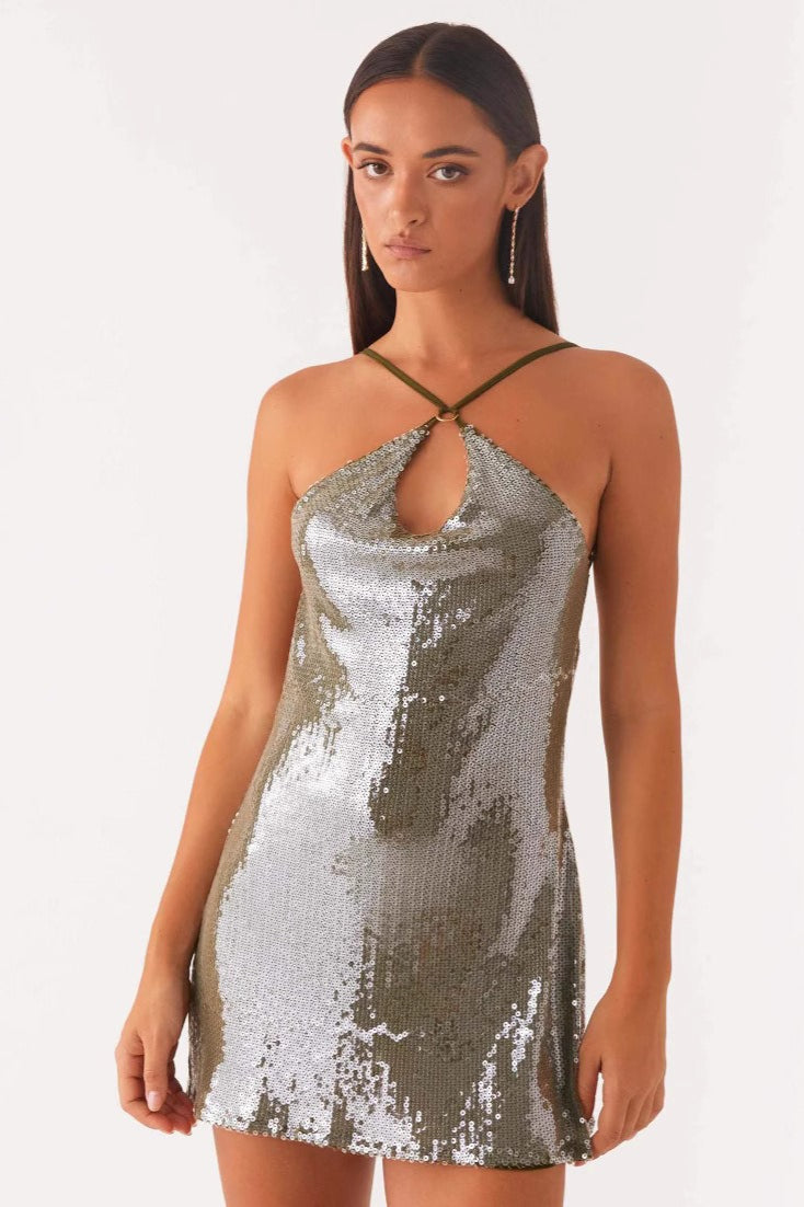 Halter Backless Sleeveless Sequin Dress - View 4 | VelvetHem