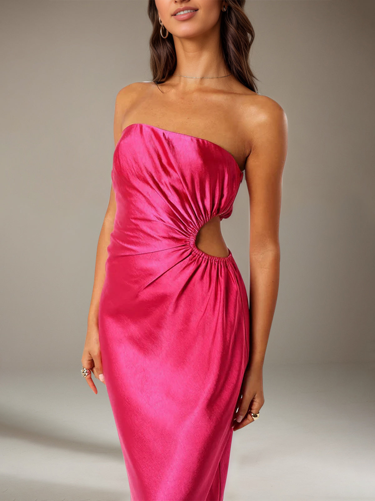 Hot Pink Satin Sheath/Column Off The Shoulder Tea Length Bridesmaid Dresses