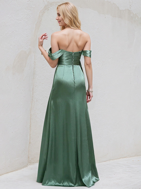 Sea Glass Satin A Line Off the Shoulder Sleeveless Floor Length Bridesmaid Dress