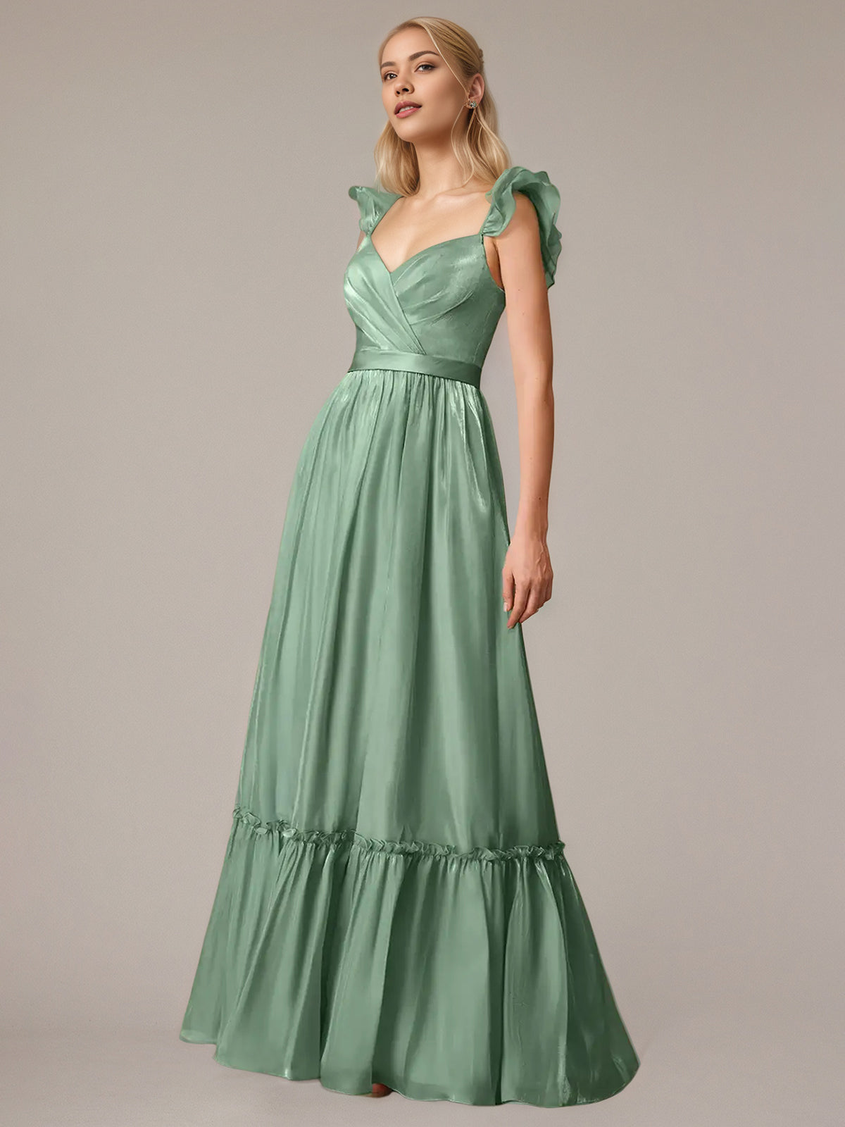 Green A Line V Neck Sleeveless Floor Length Dresses With Ruffles