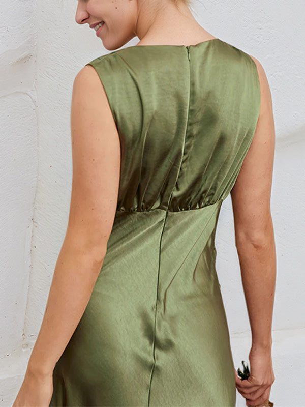 Olive Green Satin Sheath/Column V Neck Floor Length Bridesmaid Dress