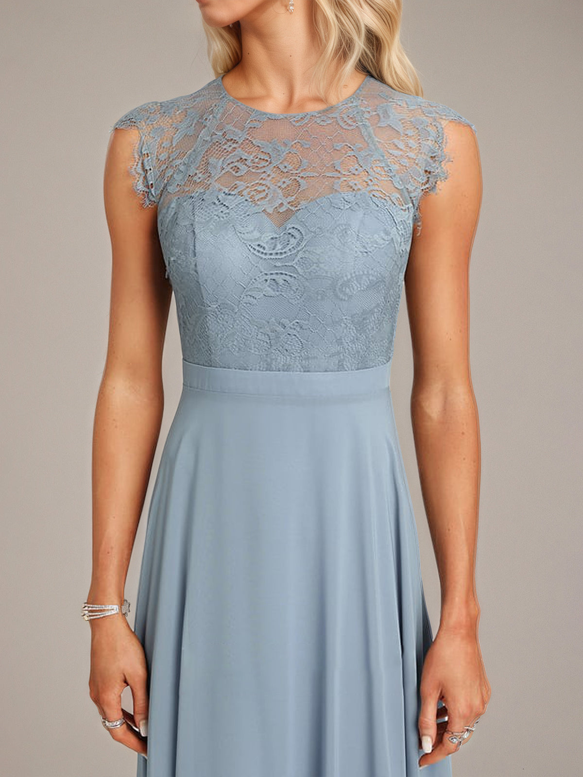 Dusty Blue A-Line Scoop Floor-Length Lace Chiffon Bridesmaid Dress