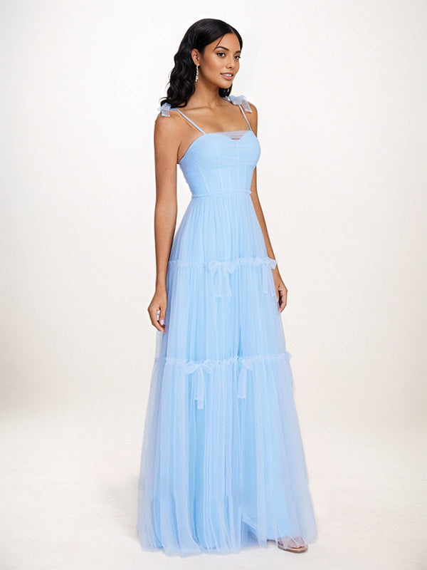 Sky Blue Tulle A Line Spaghetti Straps Floor Length Sleeveless Bridesmaid Dress With Bow