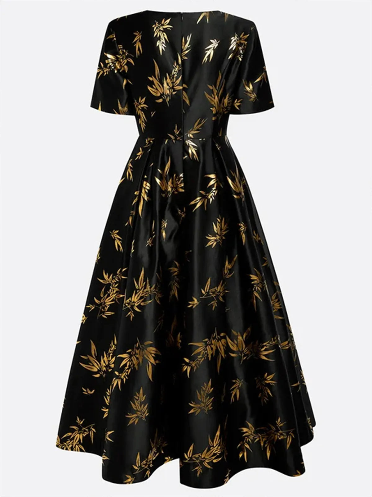 Black Gold Hot Stamping Floral Short Sleeve A-Line Maxi Dress - View 6 | FashionDia
