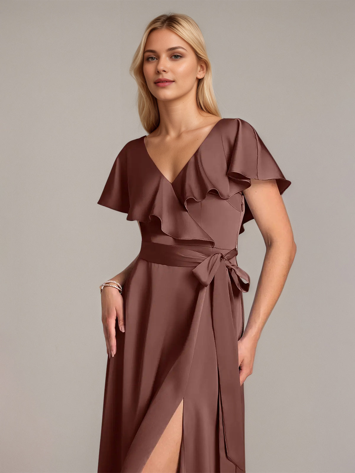 A Line Satin V Neck Short Sleeves Floor Length Dresses With Ruffles