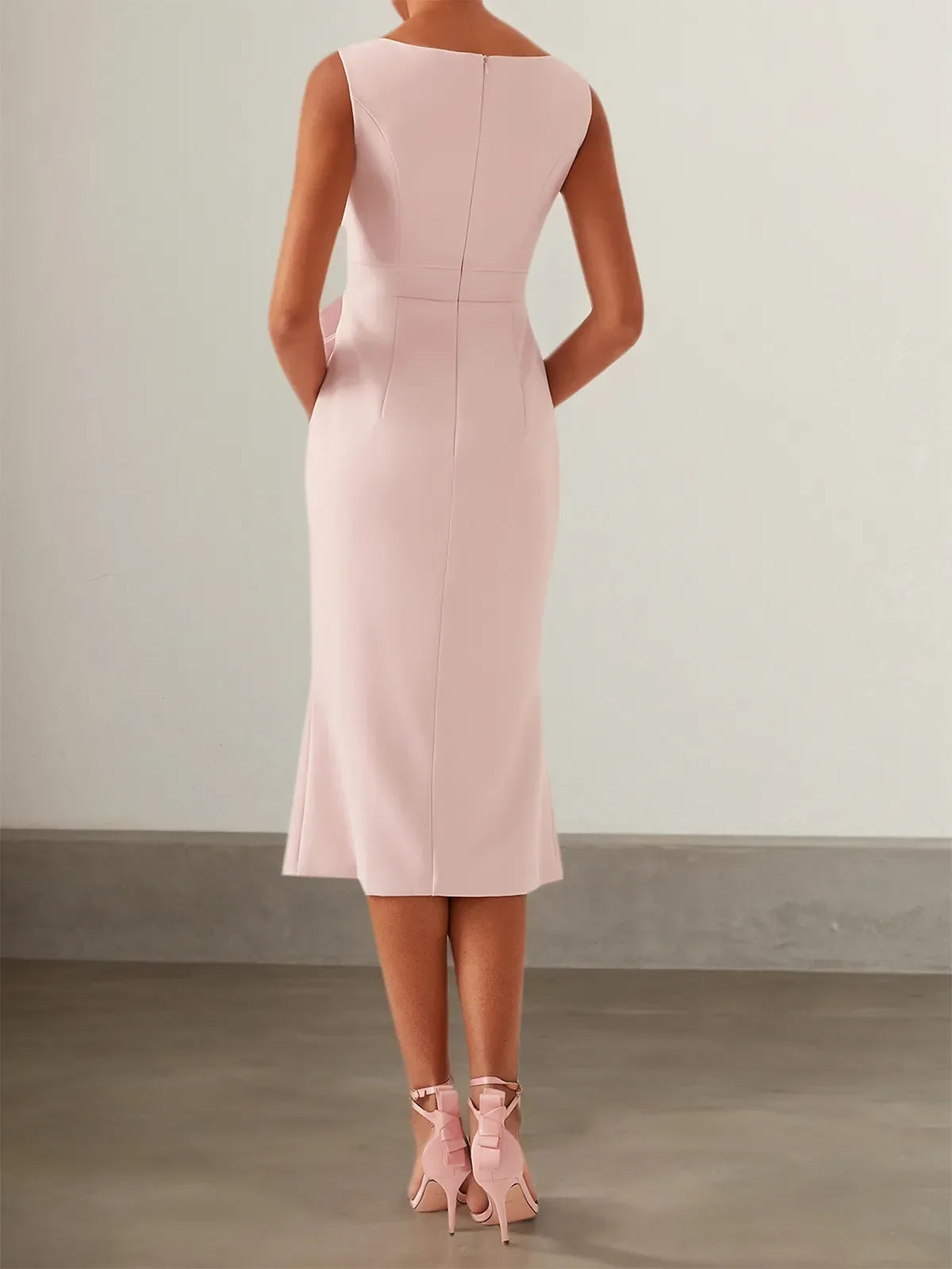 Pink Ruched Boat Neck Sleeveless Sheath Midi Dress