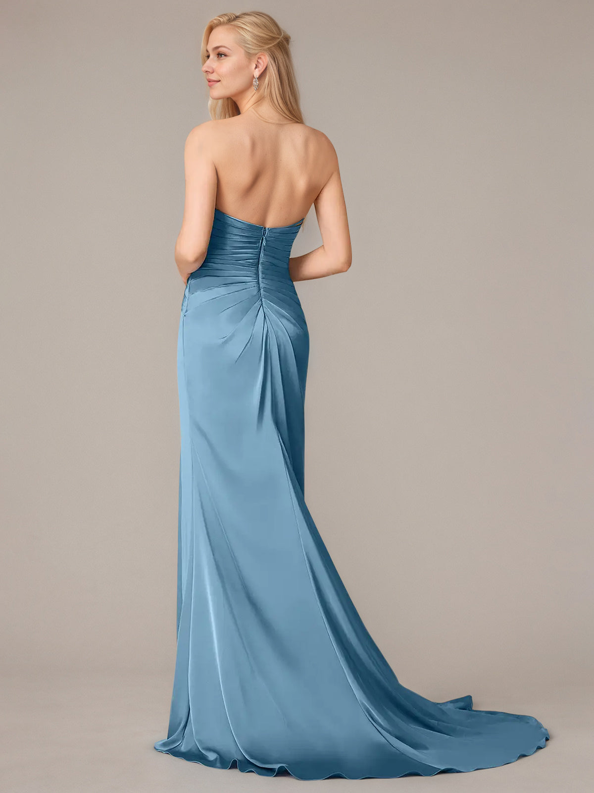 Steel Blue Sheath/Column Satin Spaghetti Straps Sleeveless Floor Length Dresses