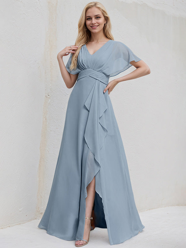 Dusty Blue Chiffon A Line V Neck Ruffle Sleeves Floor Length Bridesmaid Dress