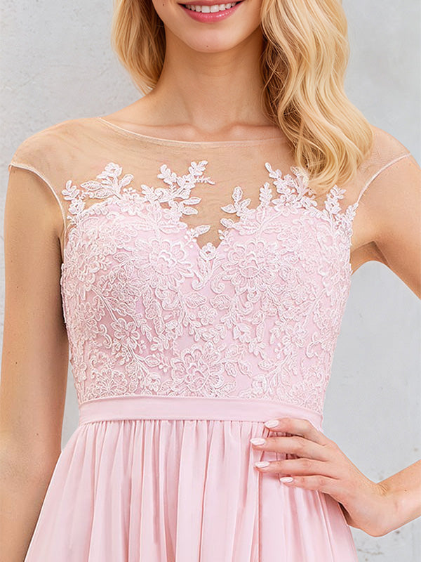 Blushing Pink A-Line Scoop Floor-Length Lace Chiffon Bridesmaid Dress