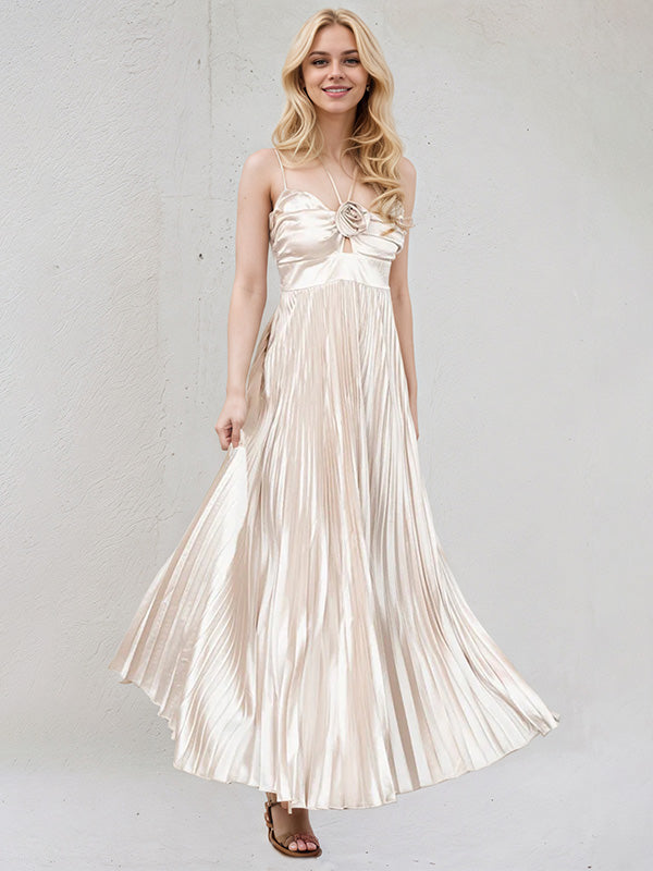 Champagne A Line Satin Spaghetti Straps Sleeveless Floor Length Dress With 3D Flower