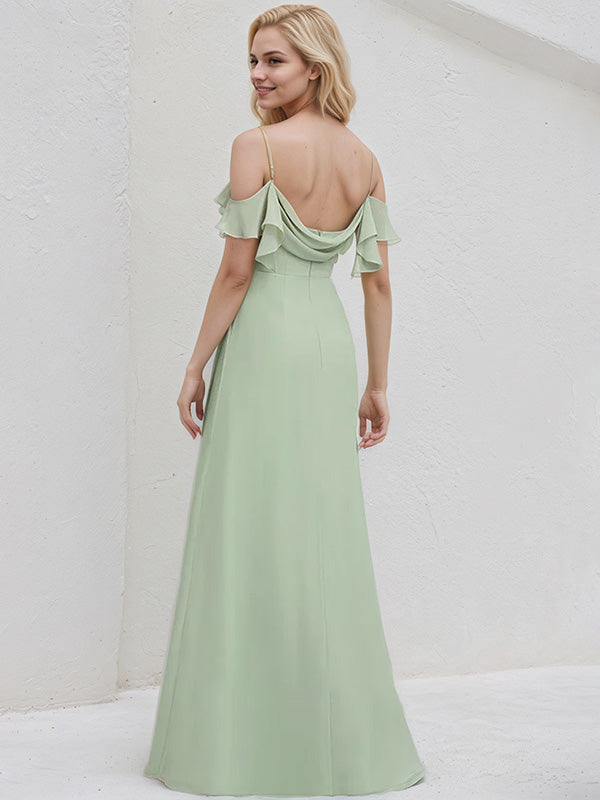 Celadon Chiffon A Line Spaghetti Straps Floor Length Bridesmaid Dress With Ruffle