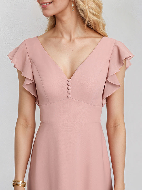 Dusty Rose Chiffon A Line V Neck Floor Length Bridesmaid Dress With Ruffles