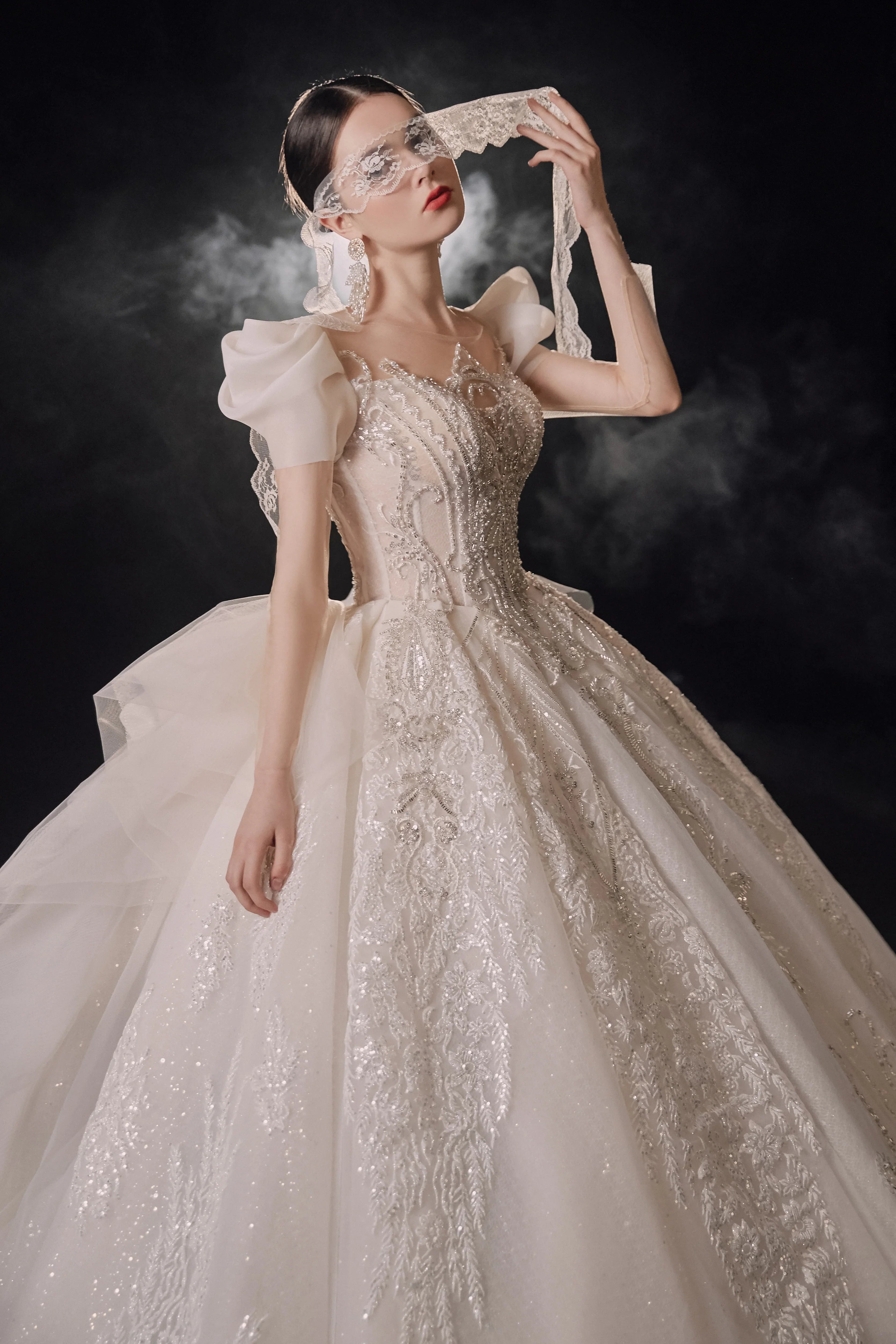 Gorgeous Puff-Sleeve Ball Gown Sweetheart Neckline Beaded Lace Wedding Dress with Ruffled Train E-309 by ZAPDRESS