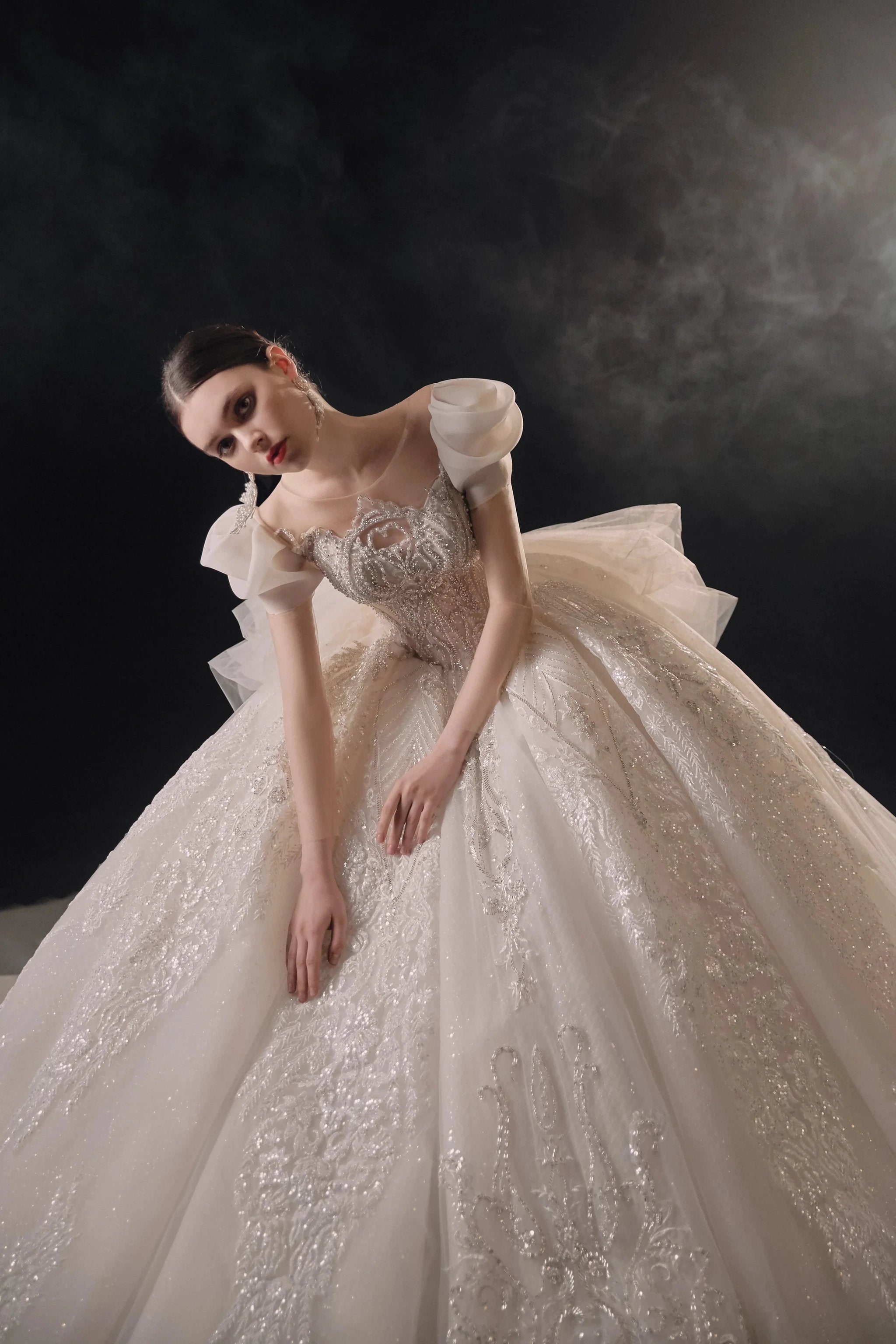 Gorgeous Puff-Sleeve Ball Gown Sweetheart Neckline Beaded Lace Wedding Dress with Ruffled Train E-309 (ZD16890)