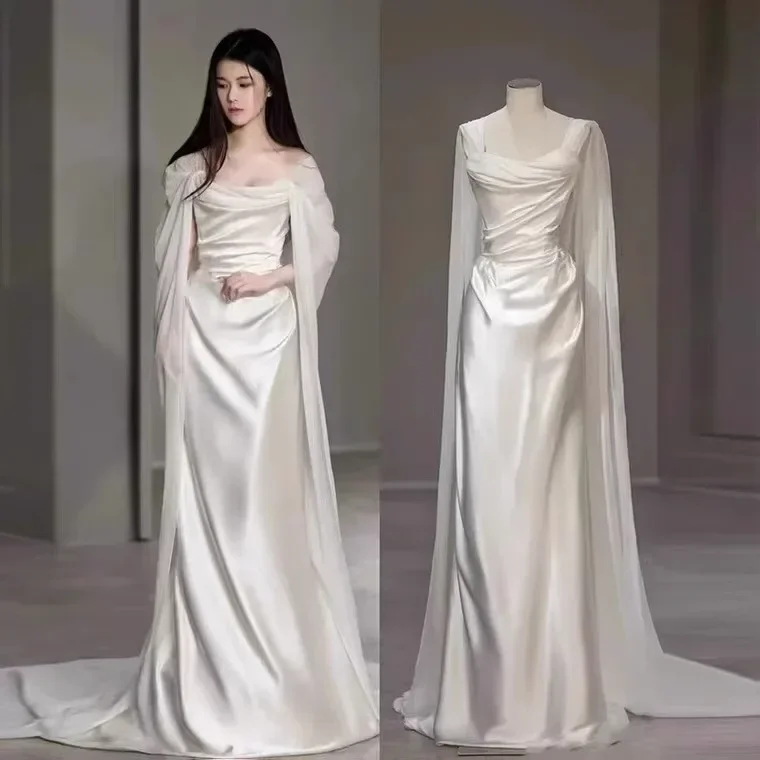 Beautiful Wedding Dress New Simple Two Wear Slim Satin White Prom Dress