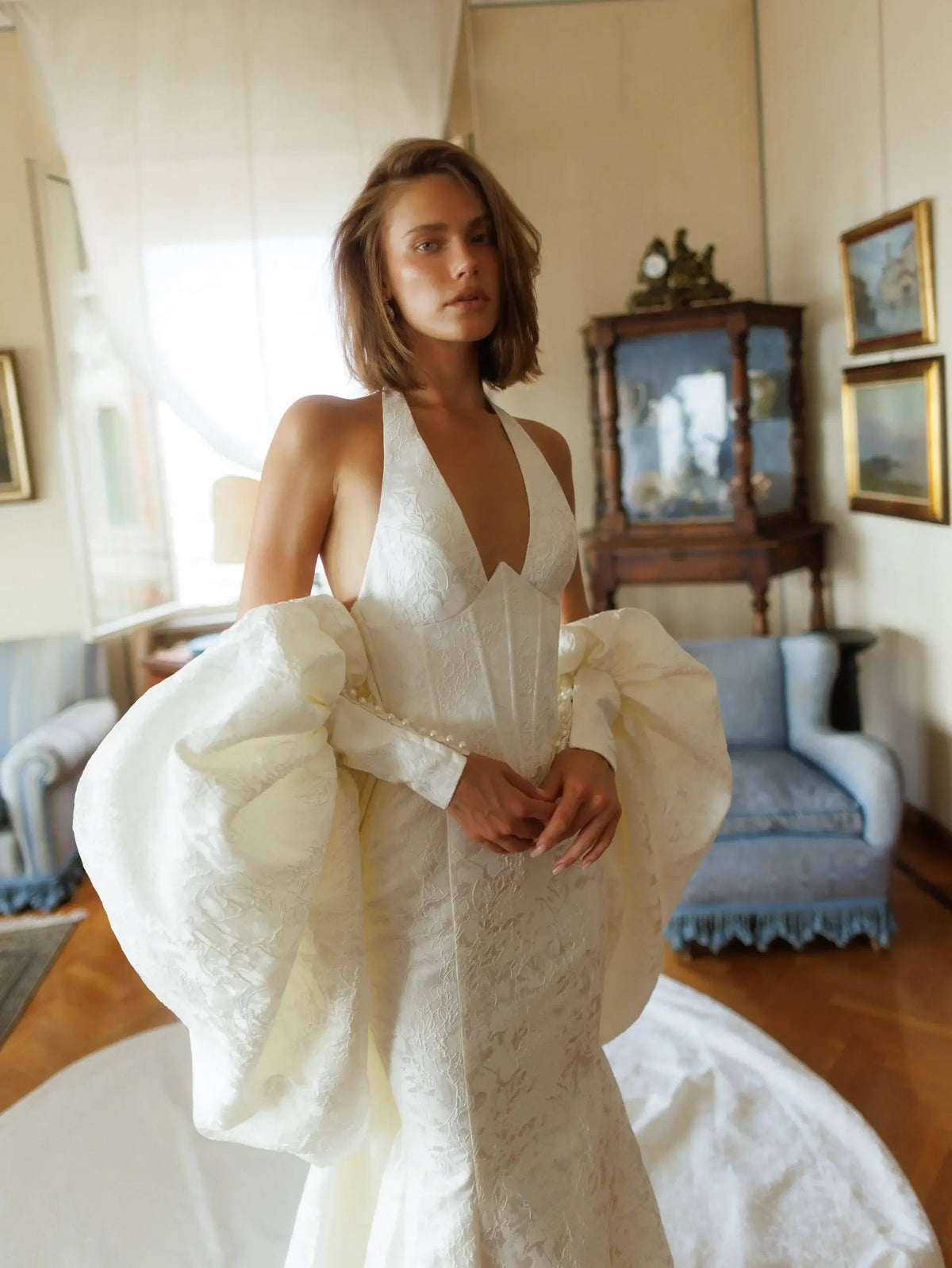 Elegant Ivory Halter Neck Puff Sleeve Mermaid Wedding Dress with Train ZP116
